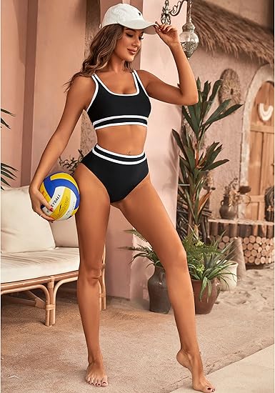 BMJL Women's High Waisted Bikini Ribbed Two Piece Swimsuit High Cut Color Block Adjustable Straps Bathing Suit(M,Black)