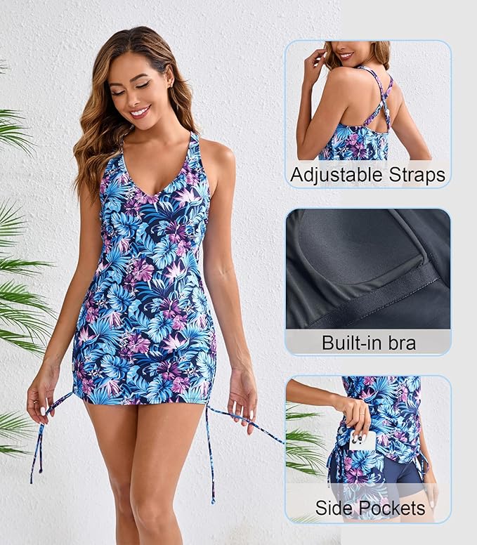 Halcurt Women's Two Piece Tankini Swimsuits Tummy Control Adjustable Drawstring Bathing Suit and Short with Pocket Navy Purple Floral S