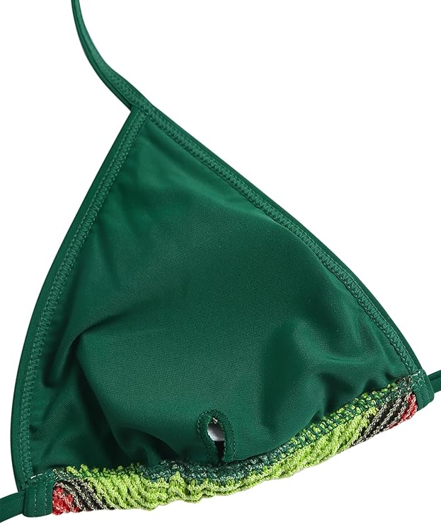 ZAFUL Women's Colorblock Stripes Triangle Halter Tied Cheeky Thong Bikini Set High Cut Two Piece Bathing Suit (2-Deep Green, S)