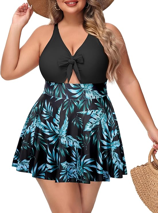 NIeyook Womens Plus Size One Piece Swimsuit with Skirt V Neck Cutout Flowy Swim Dress Tummy Control Bathing Suit 14 PLUS