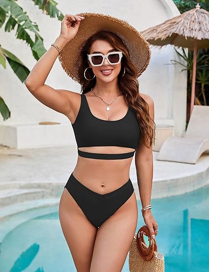 Blooming Jelly Womens Cheeky High Cut Bikini Set Sexy High Waist Swimsuits Sporty 2 Piece Swimwear (Small, Black)