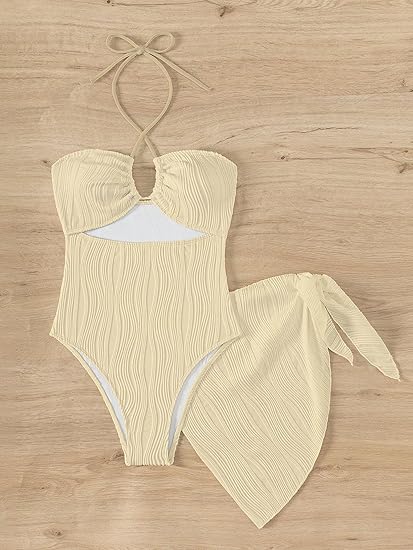 SKAYS Womens One Piece Swimsuit Texture Hollow Out Halter Neck Solid Color Bathing Suit with Cover-Up 2-Piece Sets Swimwear Apricot S