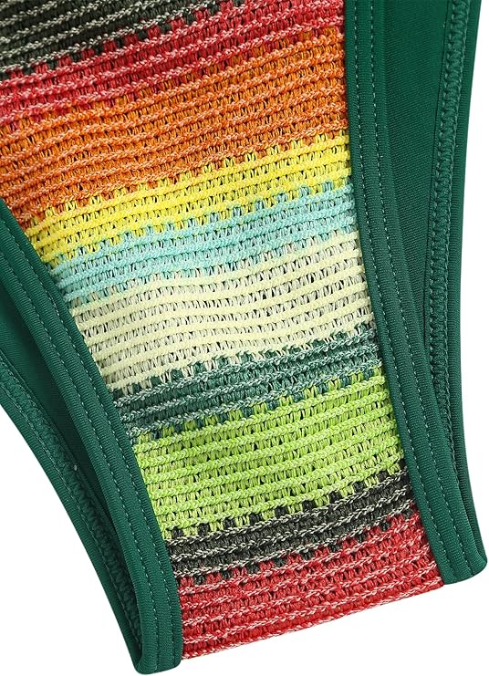 ZAFUL Women's Colorblock Stripes Triangle Halter Tied Cheeky Thong Bikini Set High Cut Two Piece Bathing Suit (2-Deep Green, S)